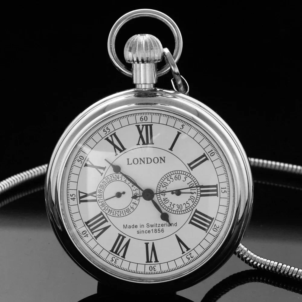 Luxury London 1856's Antique Pocket Watch Mechanical Hand Winding Stainless Steel Case Mens FOB Chain Pocket Watch Reloj Gift