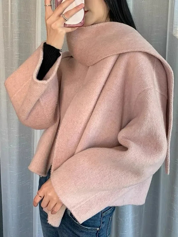2024 Women Autumn Coats One Button Design Woolen Coat With Scarf Elegant Beige Gray Woolen Coat Veste Femme Tops