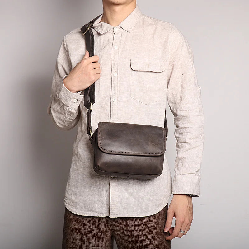 LUOKIR Vintage Crazy Horse Leather Retro Men's Bag Genuine Cowhide Shoulder Bag Women's Crossbody Bag iPad Small Square Bag