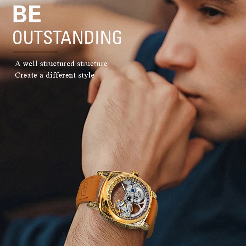 SKROX Designer Luxury Hollow Skeleton Automatic Movement Mechanical Clock Gold Man Watch Elegant Fashion Male Wrist Watches 2025