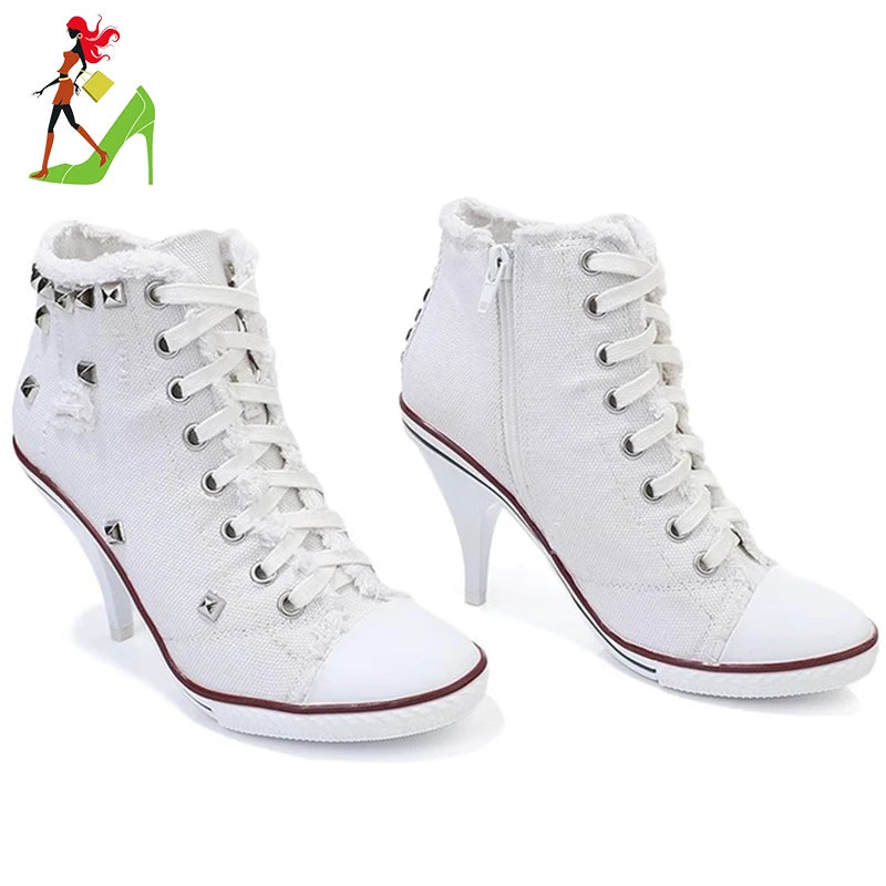 Women Boots Short High Heels Shoes For Women Botas British Style Rivet Ankle Boots Pointed Toe Side zipper strap Female Heels