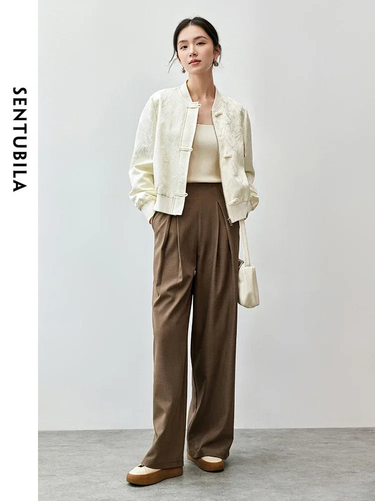 SENTUBILA New Chinese Style Jacquard Baseball Jacket for Women 2025 Autumn Fashion Loose V Neck Long Sleeve Coat 143W55778