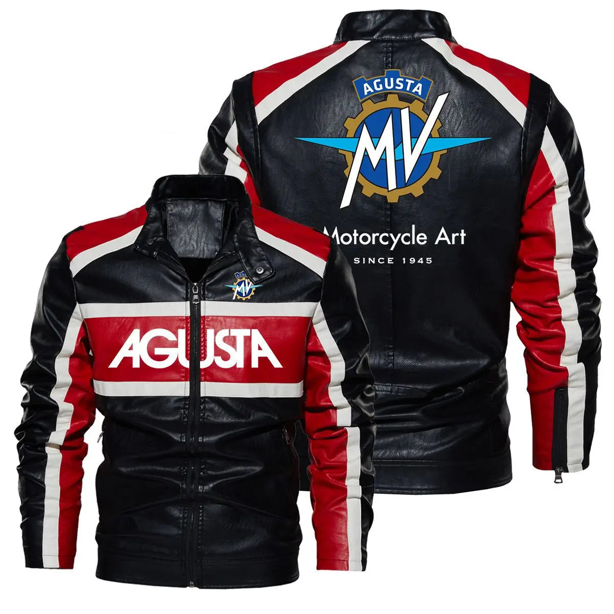 Autumn Winter Men's MV Agusta Logo Contrast Motorcycle Biker Leather Jackets PU Coat Fashion Stand Collar Hood Leather Jacke