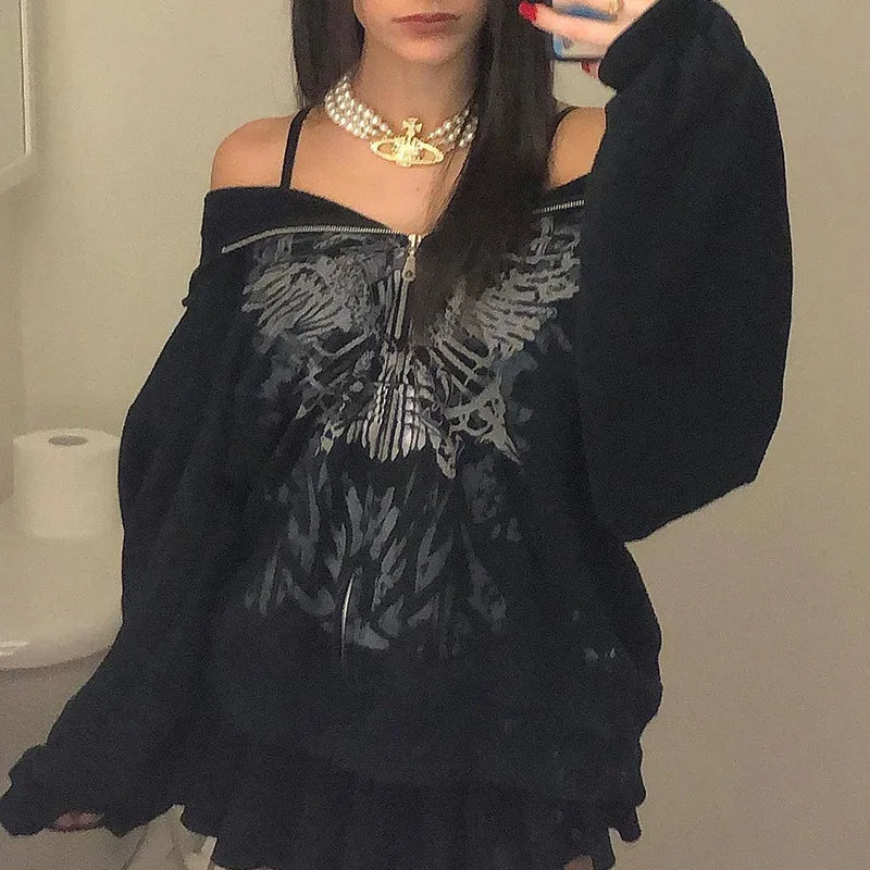 Gothic Graphic Print Black Sweatshirt Zip up Oversized Hoodies Autumn Long Sleeve Jacket Coat Women Grunge Clothes