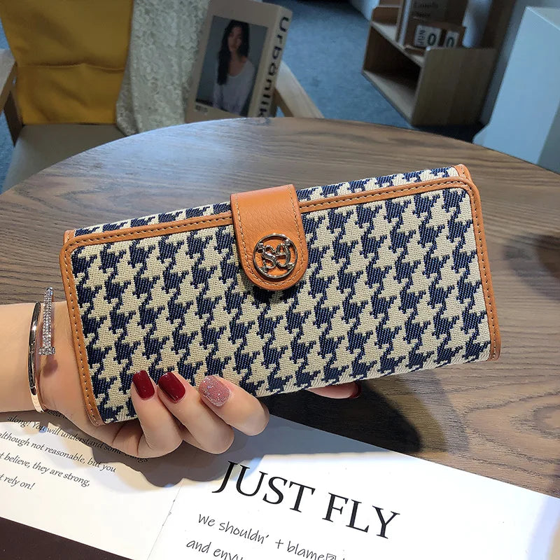 2024 New Genuine Leather Women Wallets Houndstooth Embroidery Long Wallet Excellent Cowhide Billfold For Cell Phone Clutch Bags