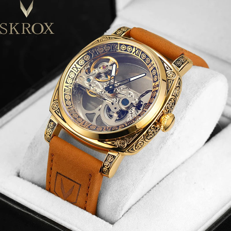 SKROX Designer Luxury Hollow Skeleton Automatic Movement Mechanical Clock Gold Man Watch Elegant Fashion Male Wrist Watches 2025