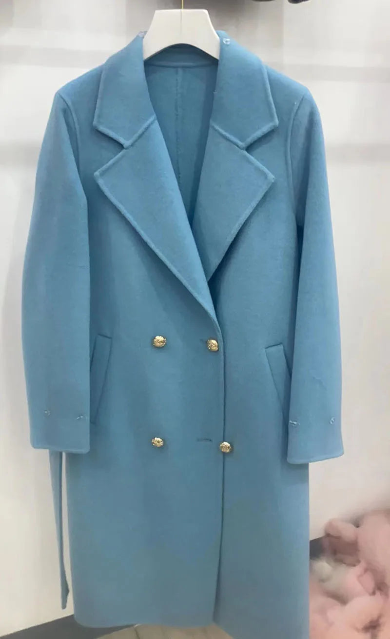 Long Women Wool Blended Coat With Big Real Fox Fur Collar Fashion Slim Winter Wool Jacket With Belt Outwear With Fox Fur Cuff