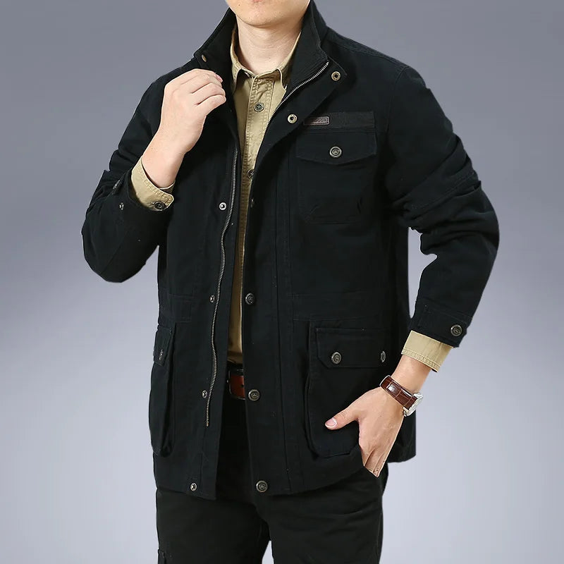 Spring Autumn Men's Military Cargo Jackets Casual 100% Cotton Multi-pocket Stand Collar Loose Mid-length Coats Male Big Size 6XL