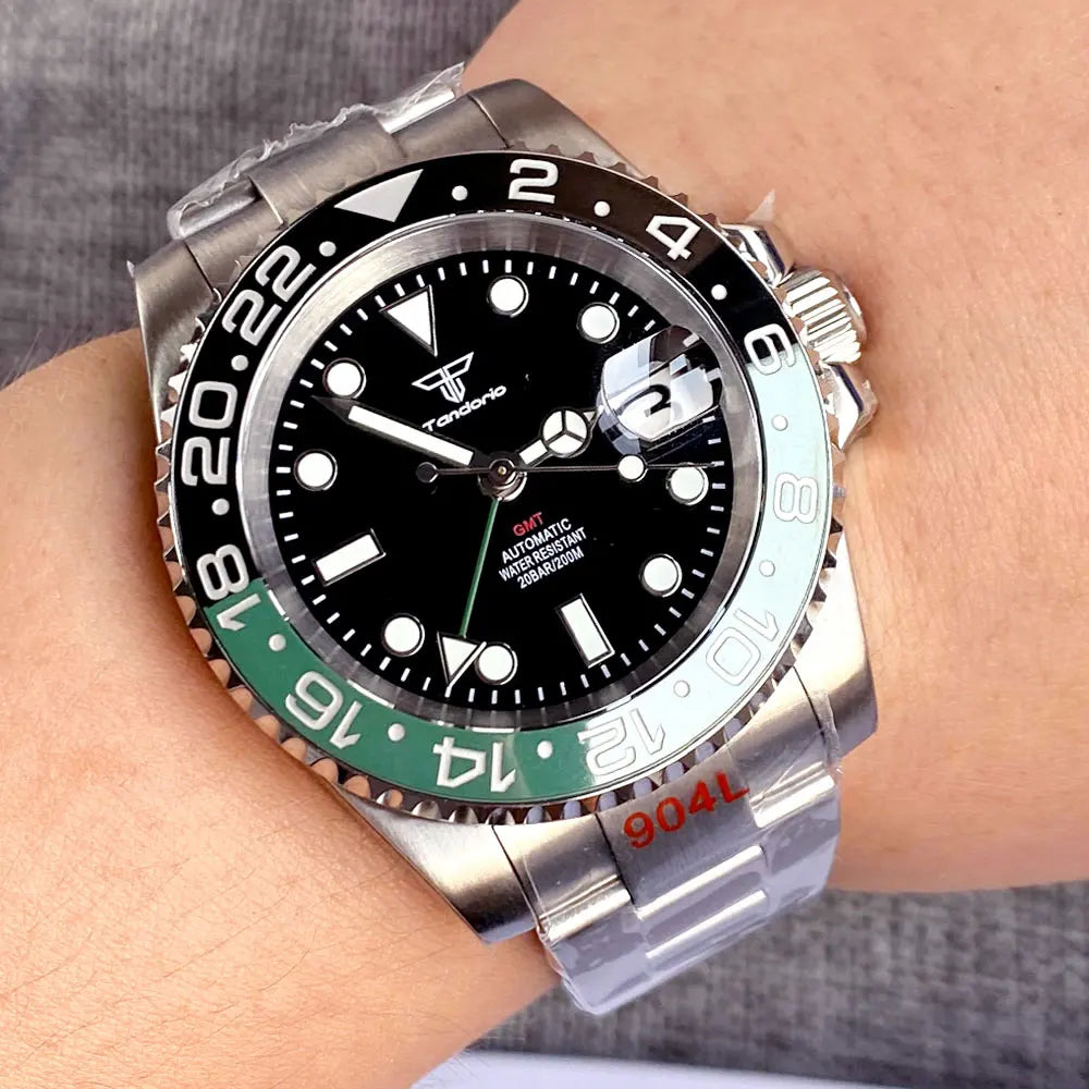 Tandorio 40mm NH34A Men's Automatic Watch GMT Function Luminous Black Dial Sapphire Crystal Auto Date Bracelet Rotating Bezel