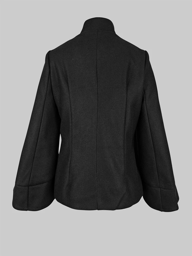 Gymystars Womens 2025 Short Jacket England Buttoned Black High Neck Coats Spring Long Flared Sleeves Outerwear For Women