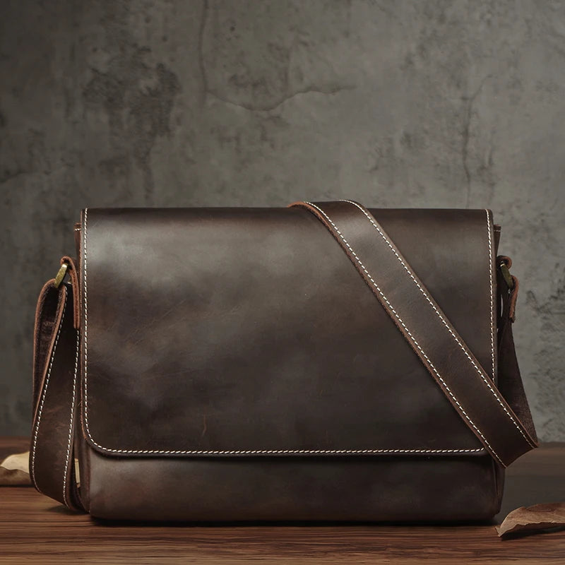 NUKA Men's Genuine Leather Shoulder Bag Retro Original Cowhide Horizontal Crossbody Deluxe Flap Messenger Bags For 11 Inch Ipad