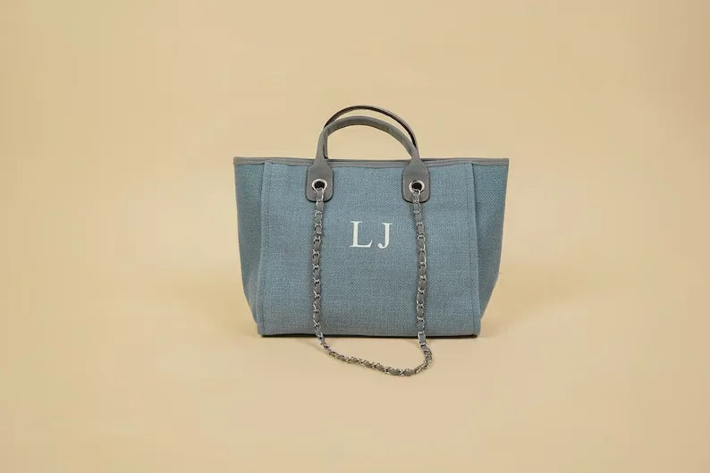 Custom Monogram Canvas Tote Bag Initial Bag Handbag Beach Bag Birthday Gift Bag with Chain Tote Bag Summer Holiday Bag
