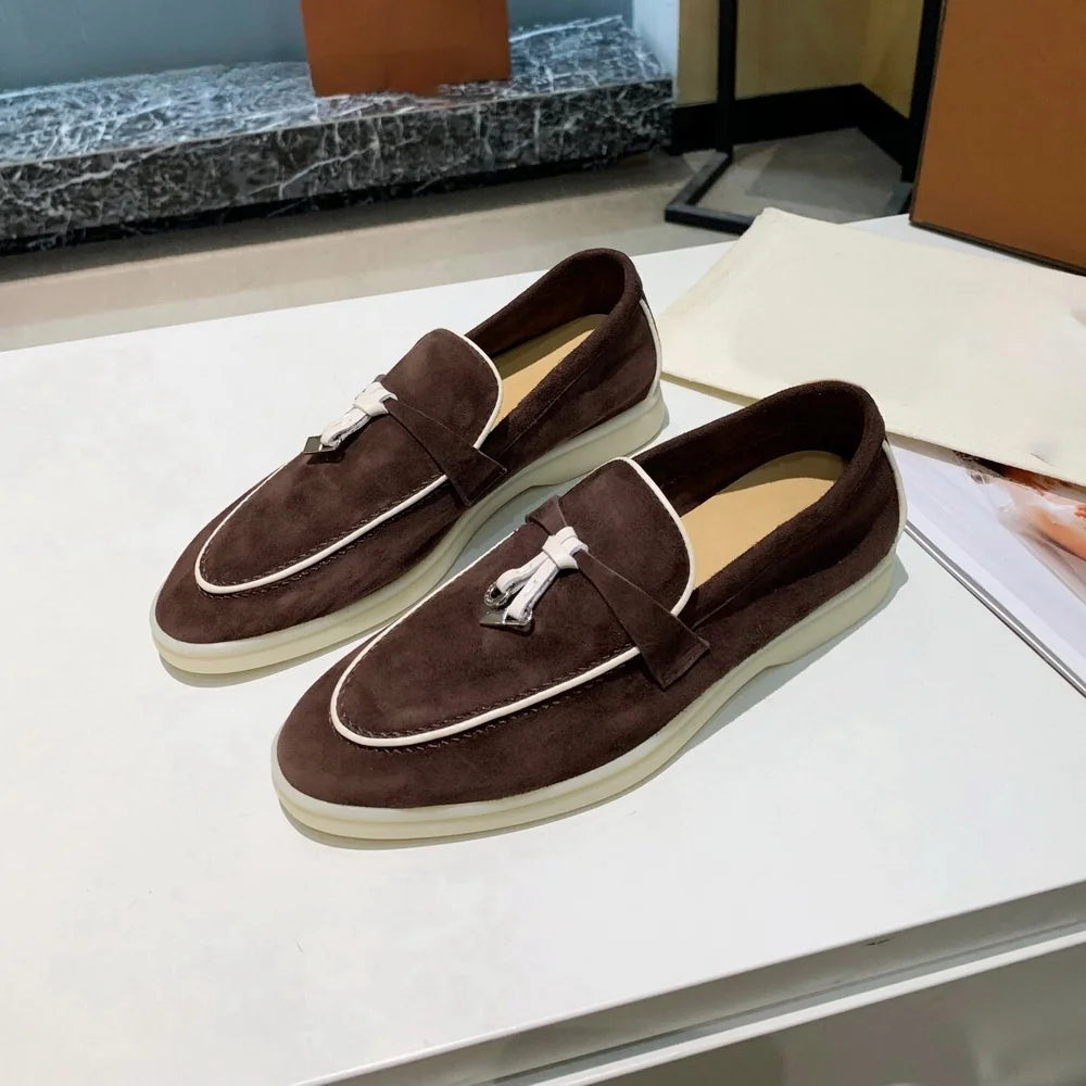 2025 Men's Flat Loafer Summer Top Quality Suede Leather Tassel Metal Buckle Pink Slipper Mules Comfortable Slip on Shoes