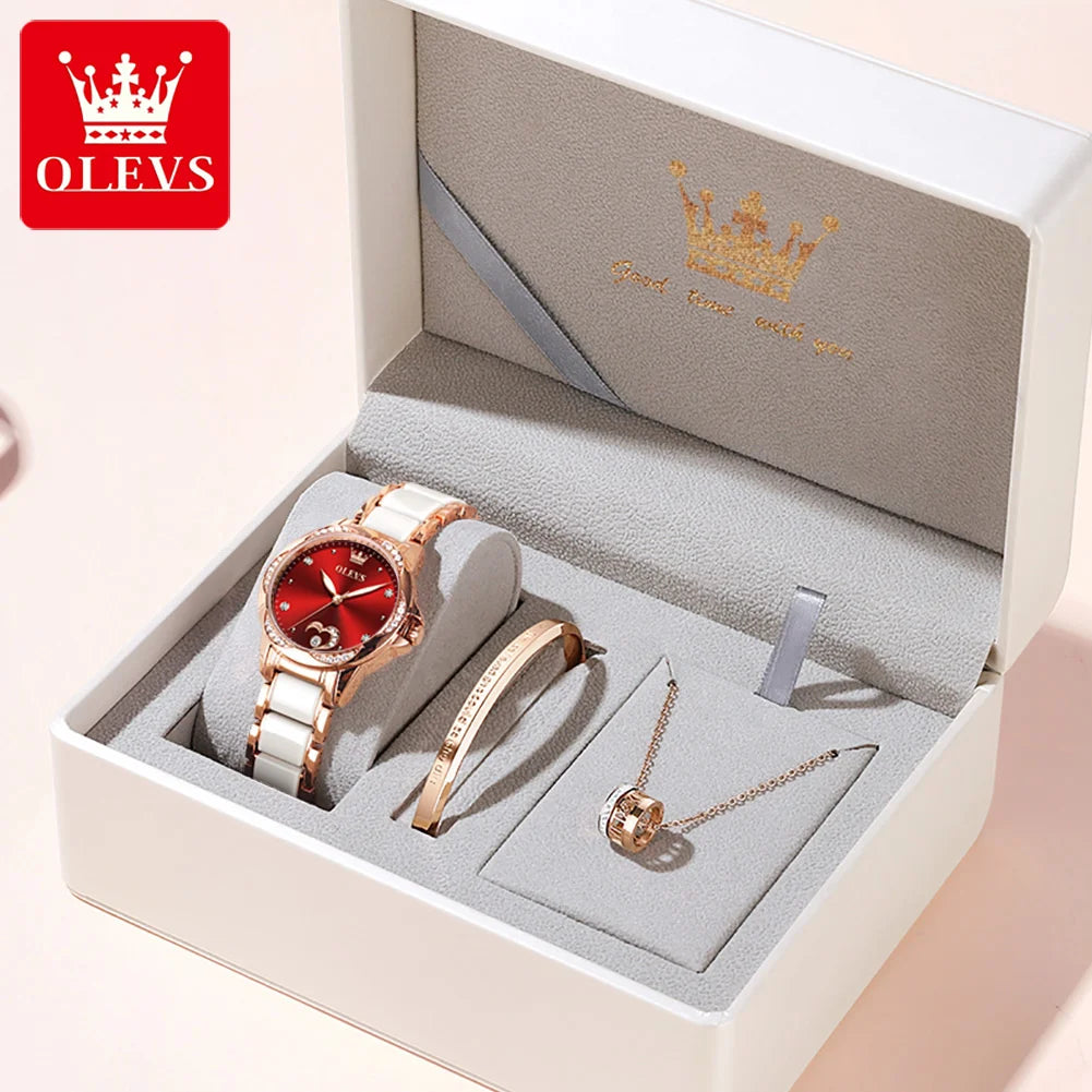 OLEVS 6631 Top Original Automatic Watch for Women Fashion Heart Design Diamond Bezel Ceramics Strap Ladies Mechanical Wristwatch