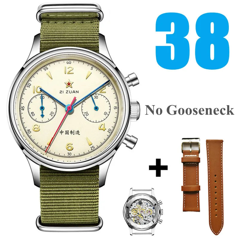 Red Star 1963 Chronograph 38mm Men's Mechanical Pilot with Seagull ST1901 Movement Watch Air Force Aviation 40mm Stop WristWatch