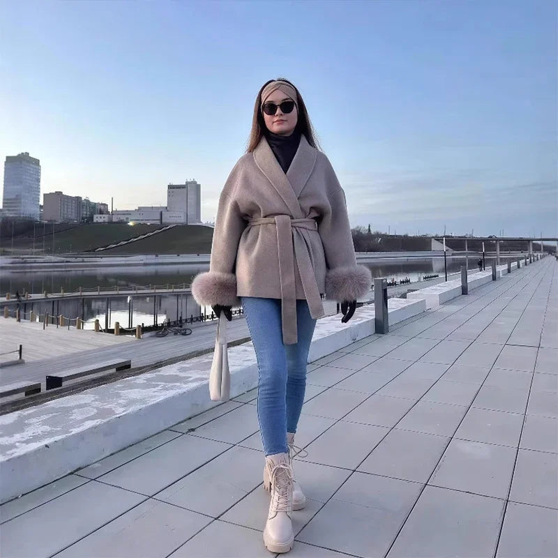 Elegant Lace Up Fur Patchwork Coat Women Loose Solid Long Sleeve V-neck Open Stitch Coats Female 2025 Autumn Fashion Lady Jacket