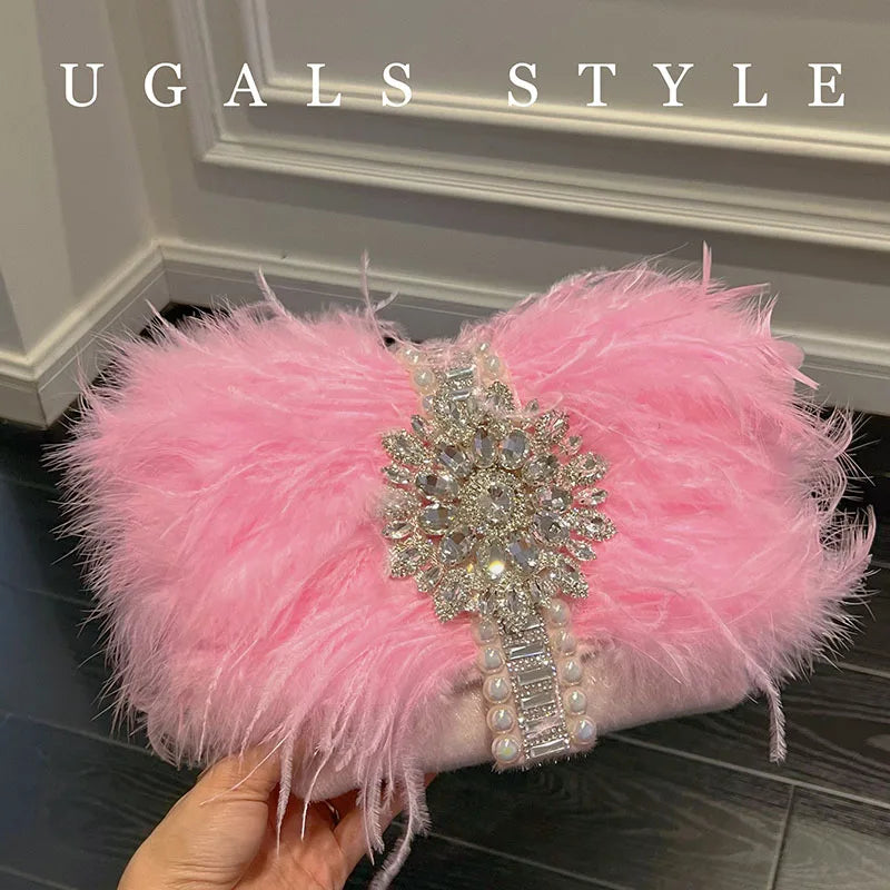 Luxury Ostrich Feather Handbags Diamond Bag Pearl Evening Bags For Women Shoulder Crossbody Bag Party Purse Wedding Clutch