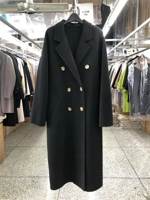 High-end 100% Wool Double-sided Coat Long Women Loose Double-breasted Long Sleeve Lace-up Solid Real Wool Jacket Autumn Winter