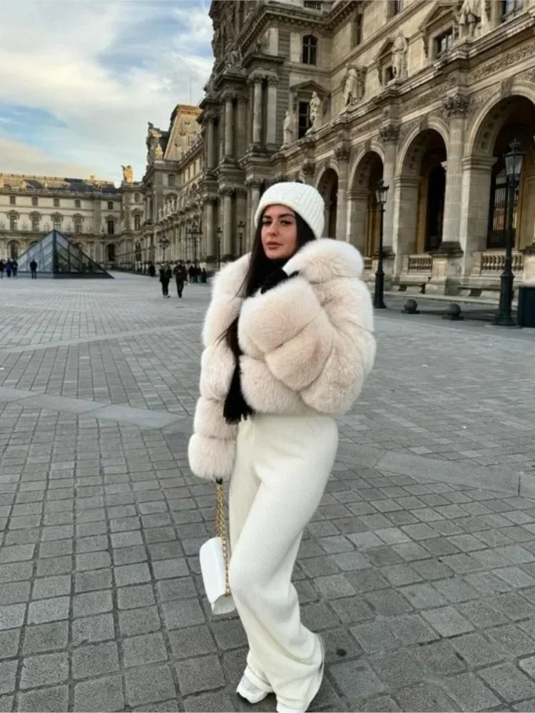 Fashion Warm Faux Fur Thicken Coat For Women Vintage Long Sleeve Hooded Short Female Jackets Autumn Winter Chci Lady Streetwear