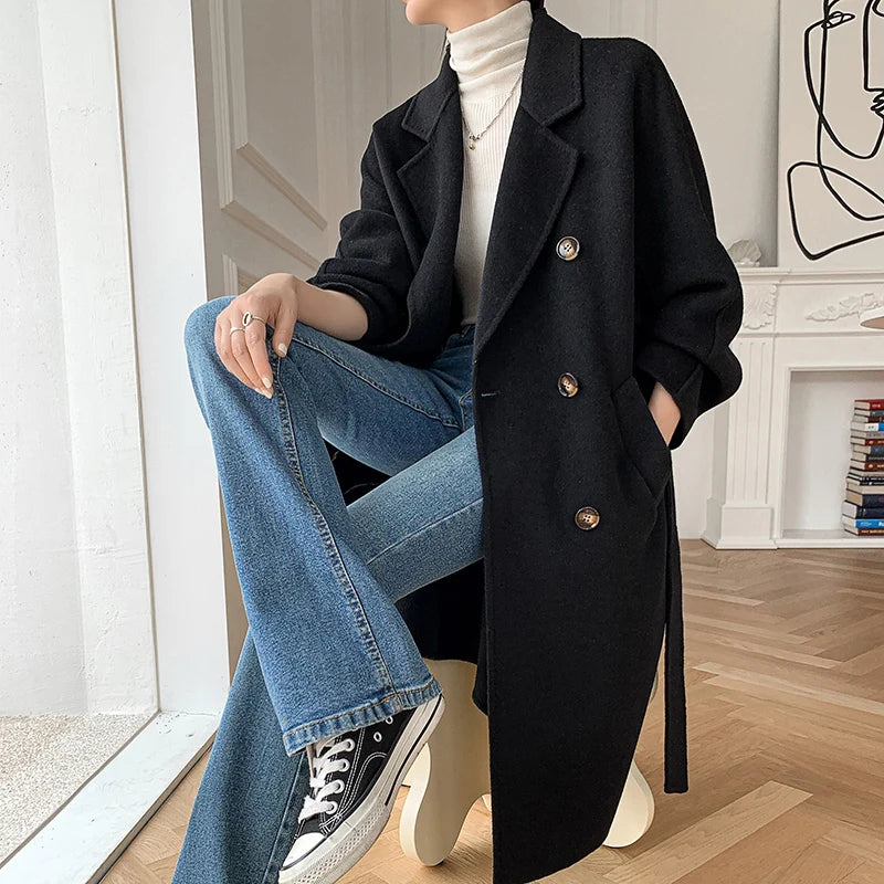 High Quality Double Sided 100%Wool Coat Women Long Double Breasted Elegant Loose Cashmere Winter Jacket