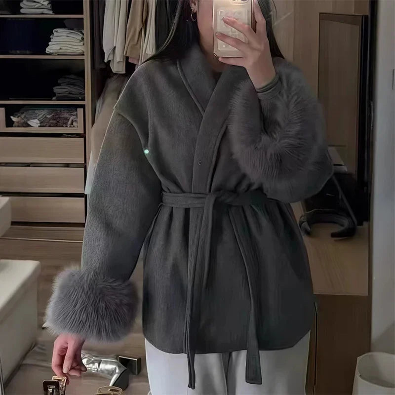 Elegant Lace Up Fur Patchwork Coat Women Loose Solid Long Sleeve V-neck Open Stitch Coats Female 2025 Autumn Fashion Lady Jacket