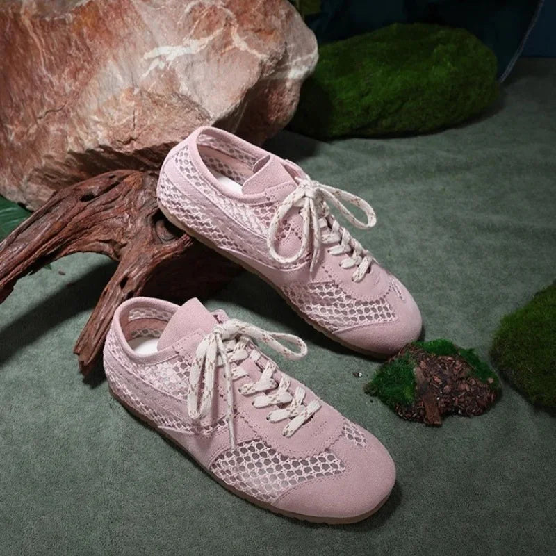 MORAZORA INS Fashion Suede Leather Women Sneakers Lace Up Mesh Breathable Cut Outs Flat Shoes Summer Casual Shoes Female