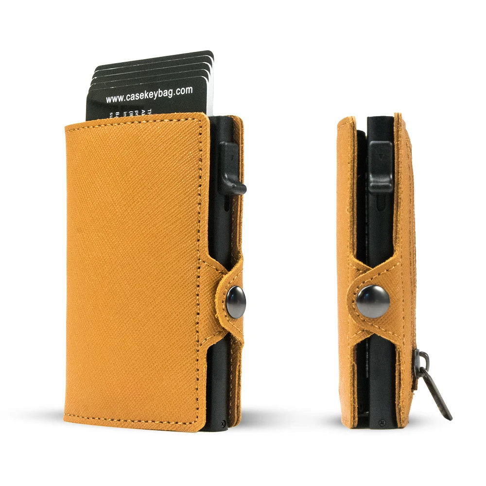 CASEKEY Slim Men Wallet Saffiano Genuine Leather Pop Up Credit Card Holder Billetera RFID Blocking Smart Wallet with Coin Purse