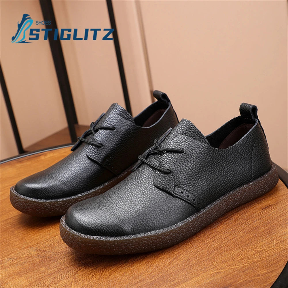 Solid Color Cowhide Lace Up Oxford Shoes for Men Non-Slip Soft Sole High Quality Men's Genuine Leather Shoes Flat Casual Shoes