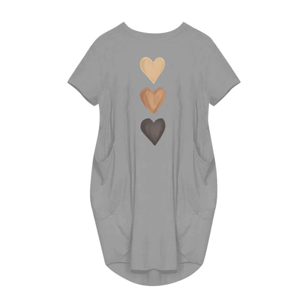 Women's three heart-shaped printed pocket dress, casual round neck short sleeved dress for spring and summer women's wear