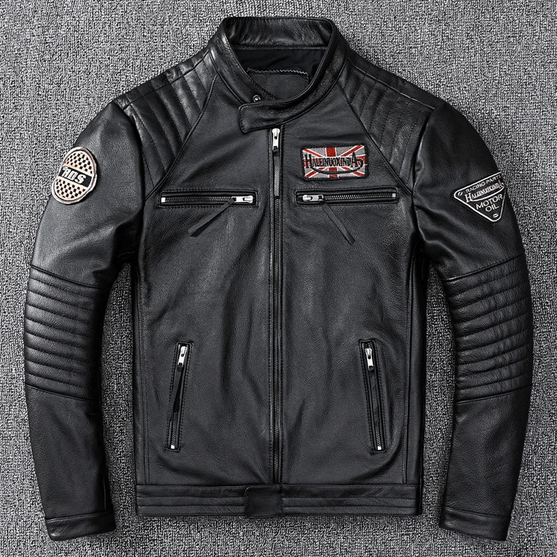 Fashion Biker Jackets Vintage Men's Genuine Leather Jacket Slim 100% Natural Cowhide Coat Real Leather Motorcycle Biker Clothing