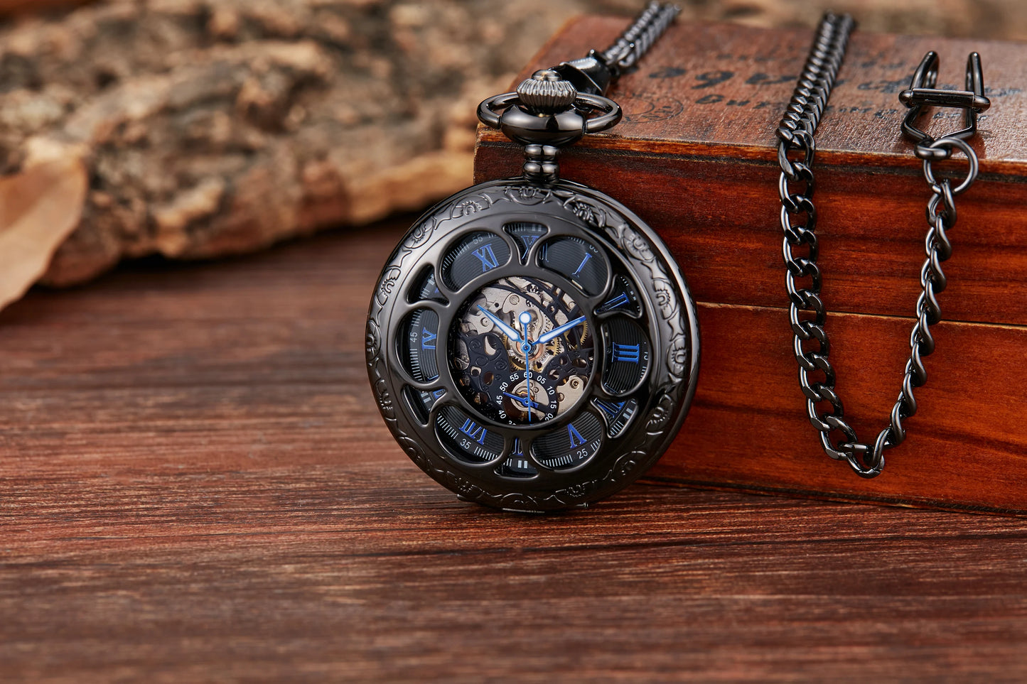 Unique Wood Circel Gear Dial Bronze Antique Mechanical Pocket Watch Men Vintage Engraved Fob Hand Wind Steampunk Watch Women