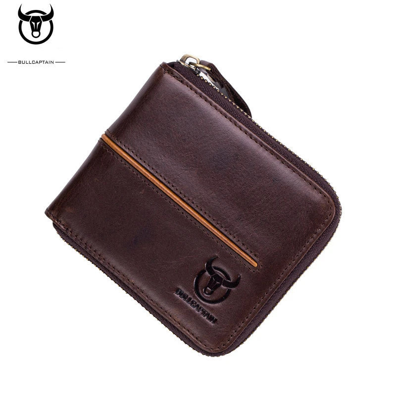 Bullcaptain Genuine Leather Men Short Wallet Casual Men's Coin Purse Vintage Male Zipper Card Holder Luxury Money Bags JYB022