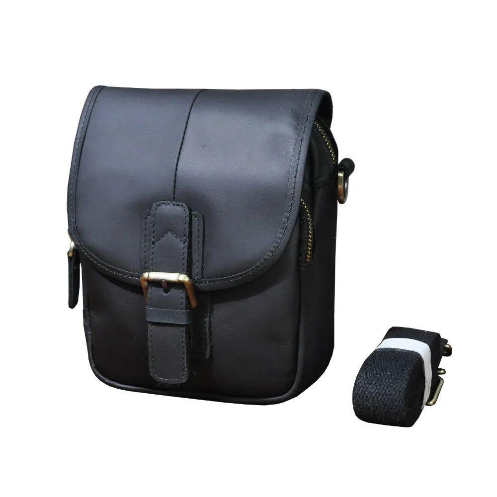 Men Genuine Crazy Horse Leather Waist Pack 7-Inch Vintage Outdoor Hip Bag with Hook Phone Camera Pouch Male Crossbody Bags