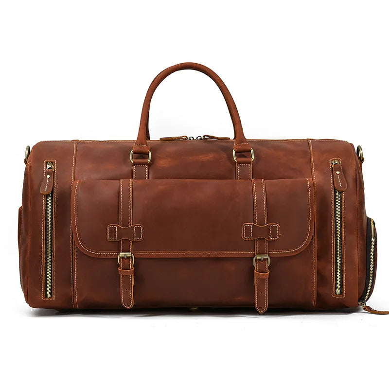 Genuine Leather Men's Travel Bag with Shoe Pocket Retro Crazy Horse Leather Big Capacity Luggag Bag Business Trip Handbag