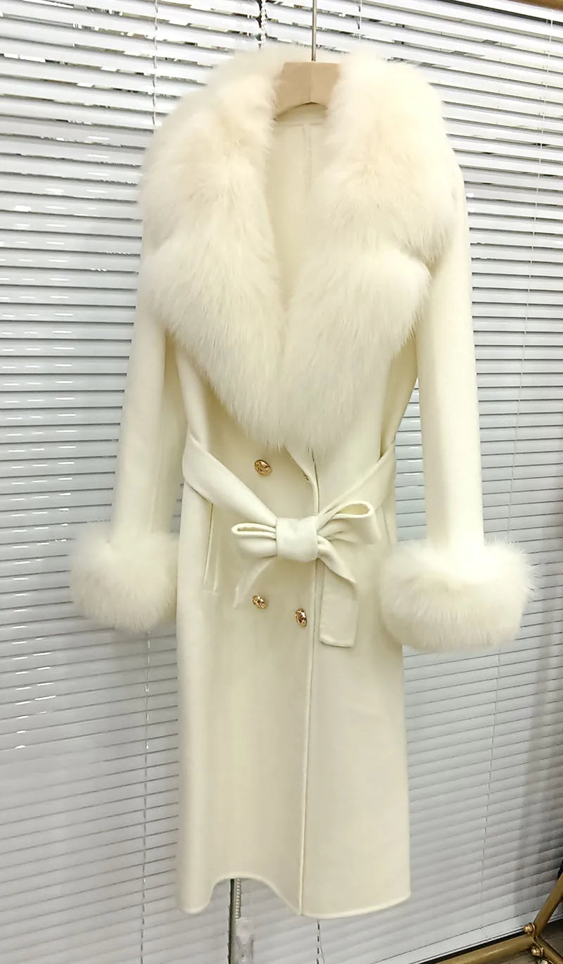 Long Women Wool Blended Coat With Big Real Fox Fur Collar Fashion Slim Winter Wool Jacket With Belt Outwear With Fox Fur Cuff