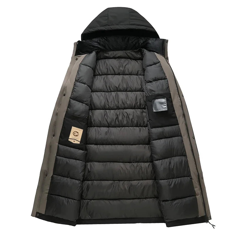 Business Parka Winter Fleece Long Jacket with Hood Windbreaker Mens Coats Casual Thicken Warm Men Long Outwear Clothing Overcoat