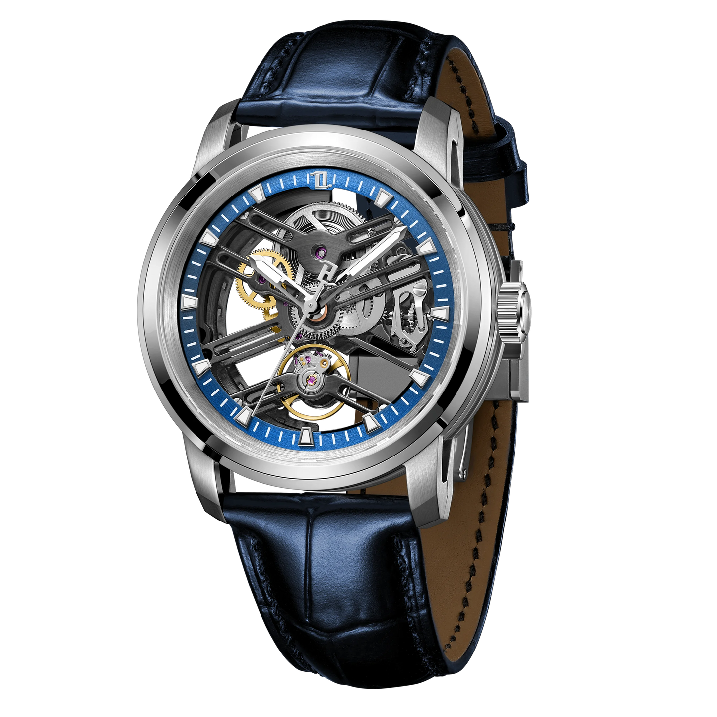 OBLVLO New Hollow-out Transparent Mechanical Automatic Men Watch Blue Skeleton Dial Leather Strap Luminous Classic Watches KM-S