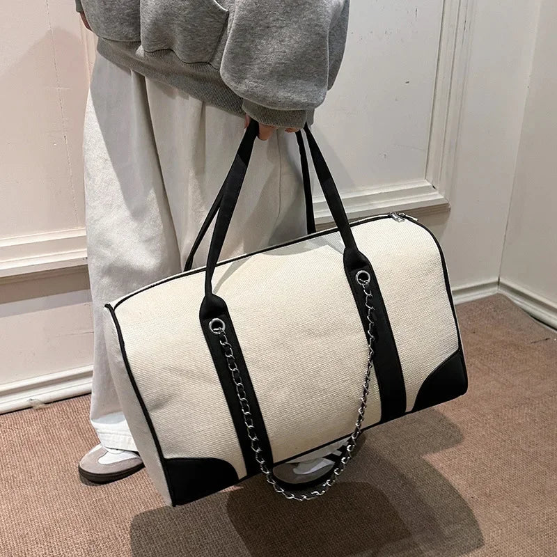 2025 New Commuter Travel Women's Bag Large Capacity Canvas Handbags Simple Fashion Shoulder Bag Luxury Chain Tote Bag