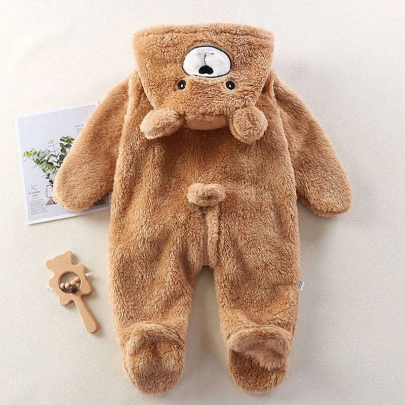 Cute Cartoon Baby Clothing Boys Footies Long Sleeve Velvet Hooded Baby Girl Clothes Winter Warm Baby Romper 0-12 Months
