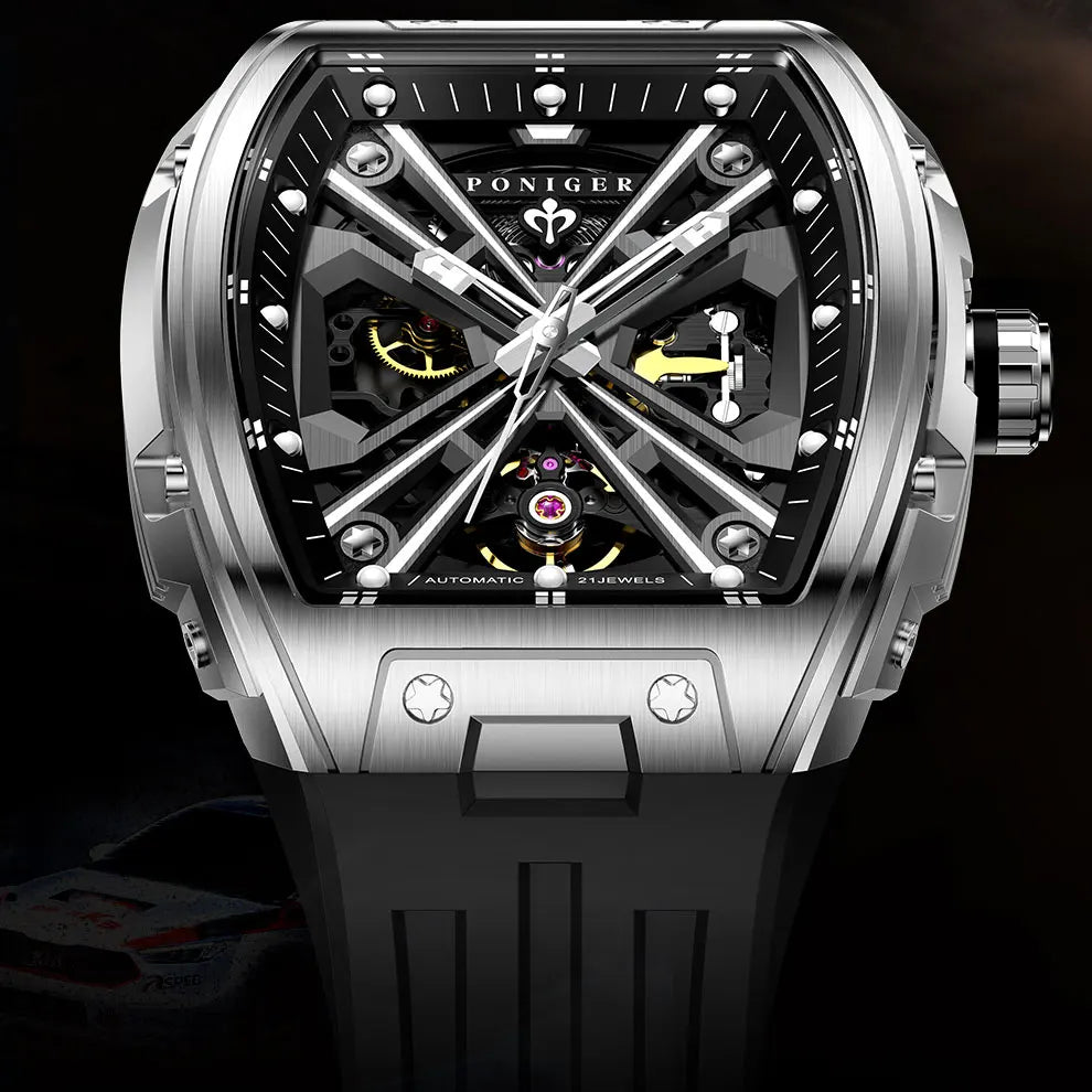 PONIGER New Men's Watch Automatic Movement Mechanical Tourbillon Design Men Watch Stainless Steel Case Waterproof Luminous Watch