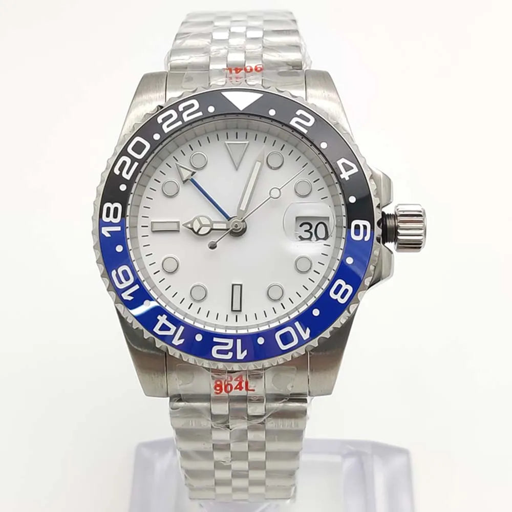 Men's New Elegant White GMT Watch, NH34 Movement, Sapphire Glass, Stainless Steel Waterproof Men's Mechanical Watch