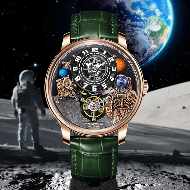 Pindu Men's Luxury and Fashion Personalized Astronaut Dial Fully Automatic Mechanical Green Tourbillon Waterproof Watch