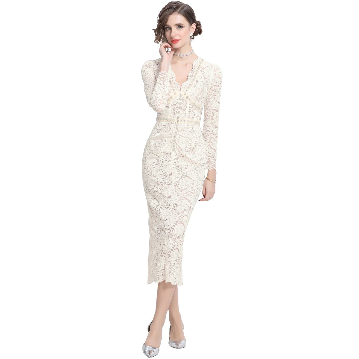 Elegant Luxury Crystal Embroidery Lace Evening Dresses Women Summer Autumn Long Sleeve Pencil Bead Chain Party Dress White