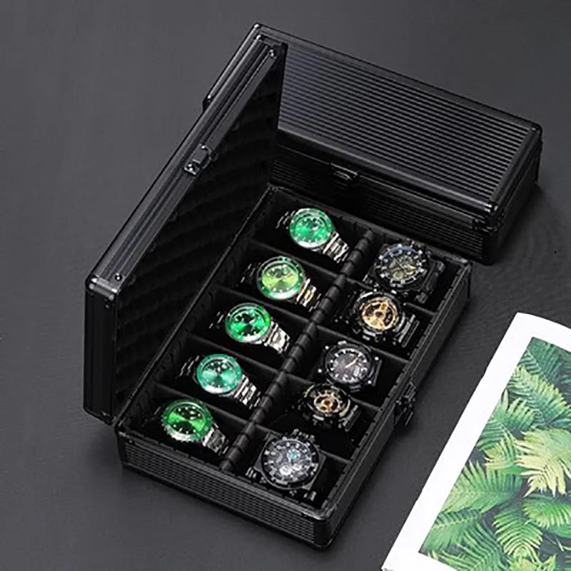 Watch Box Organizer Black Transparent Aluminum Alloy Watch Storage Box With Soft Pillow Safe Deposit Suitcase Mobile Bulkhead