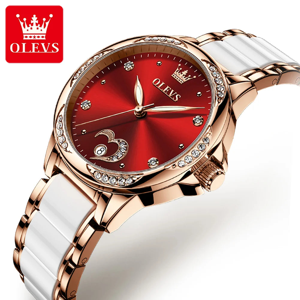 OLEVS 6631 Top Original Automatic Watch for Women Fashion Heart Design Diamond Bezel Ceramics Strap Ladies Mechanical Wristwatch
