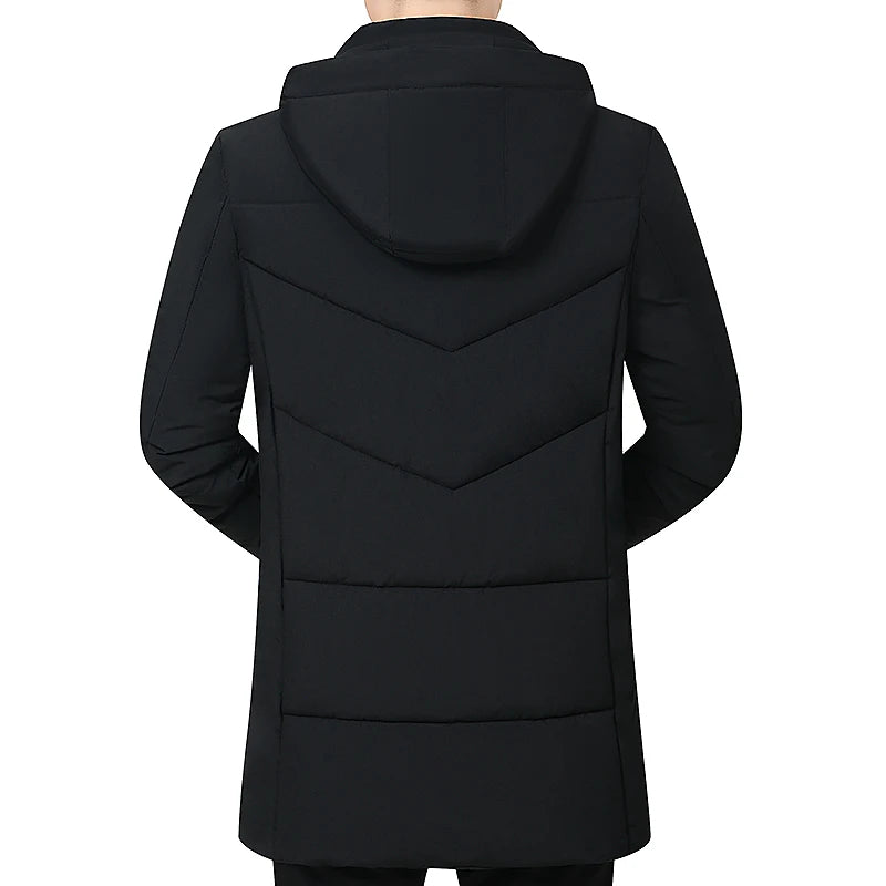 Hooded Winter Down Cotton Coat for Men Parkas Thickened Solid Color Padded Cardigan Midi Length Zip Up Men's Warm Jacket