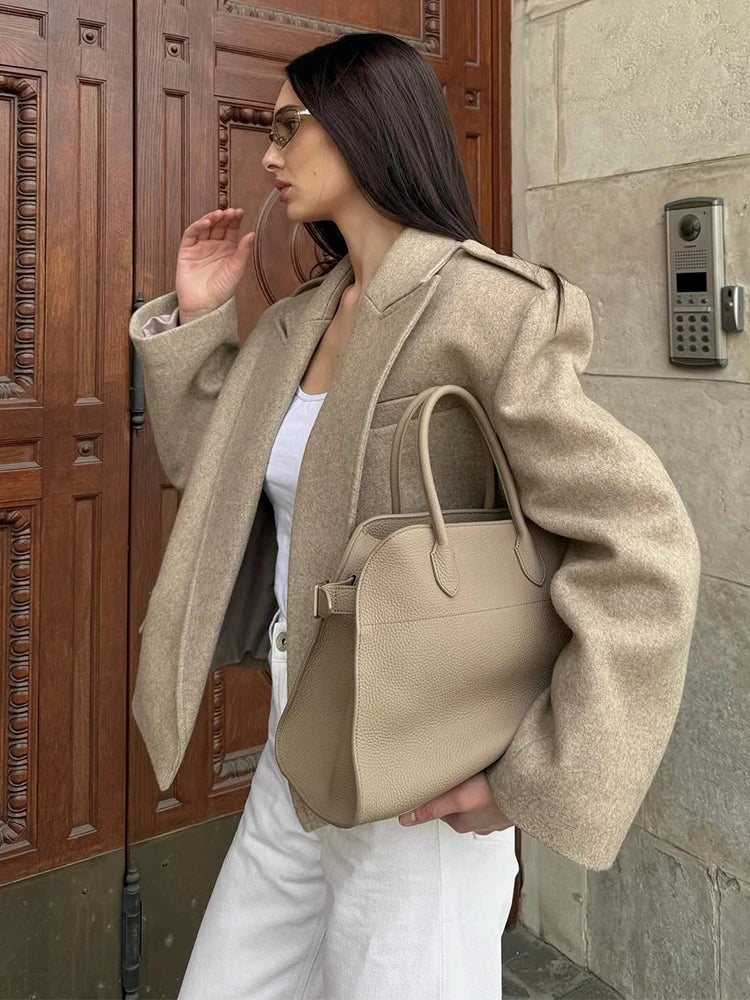Women's Grey Woolen Blend Blazer Coat Lapel Long Sleeve Fashion Loose Outerwear 2025 New Autumn High Street Solid Commute Jacket