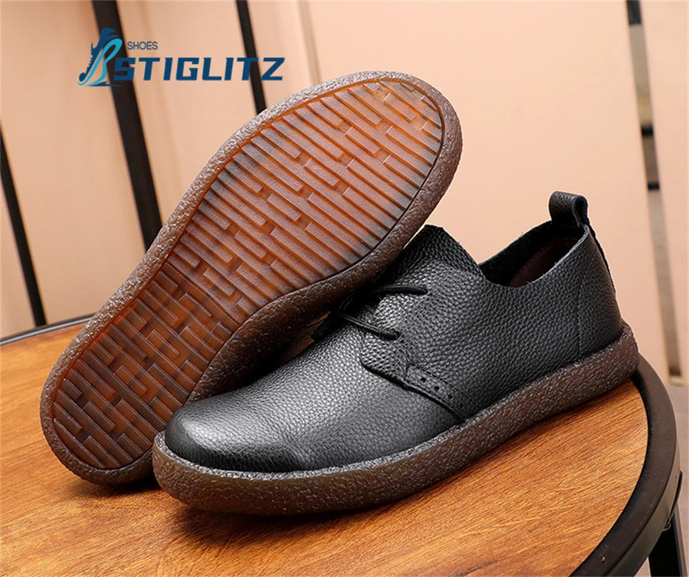 Solid Color Cowhide Lace Up Oxford Shoes for Men Non-Slip Soft Sole High Quality Men's Genuine Leather Shoes Flat Casual Shoes