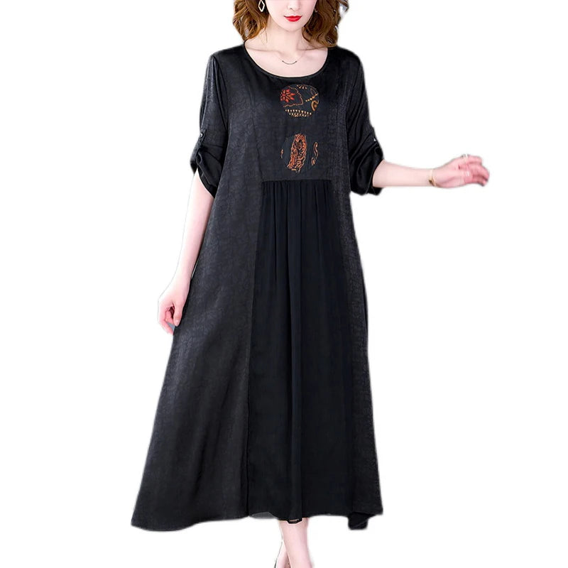 Women Black Print Natural Silk Maxi Dress Spring Summer Elegant Loose Waist Dress 2024 Korean Vintage Hepburn Evening Dresses