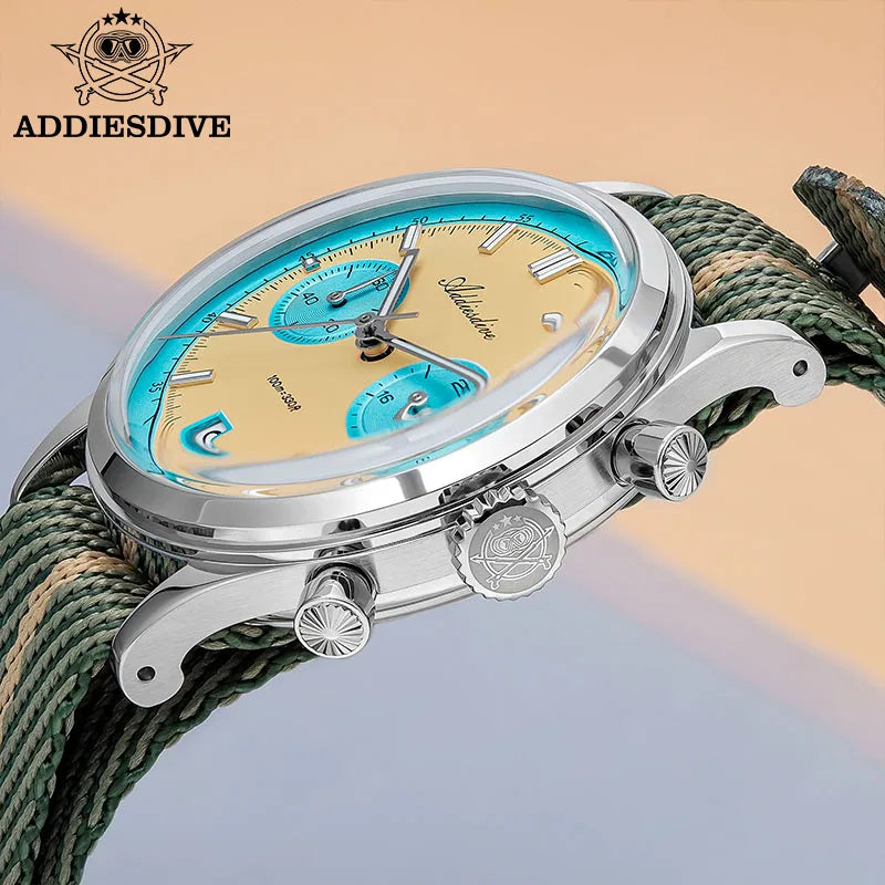 ADDIESDIVE TOP New Men Watch Bubble Mirror Glass 316L Stainless Steel BGW9 Luminous 100m Diving VK64 Quartz Chronograph Watch